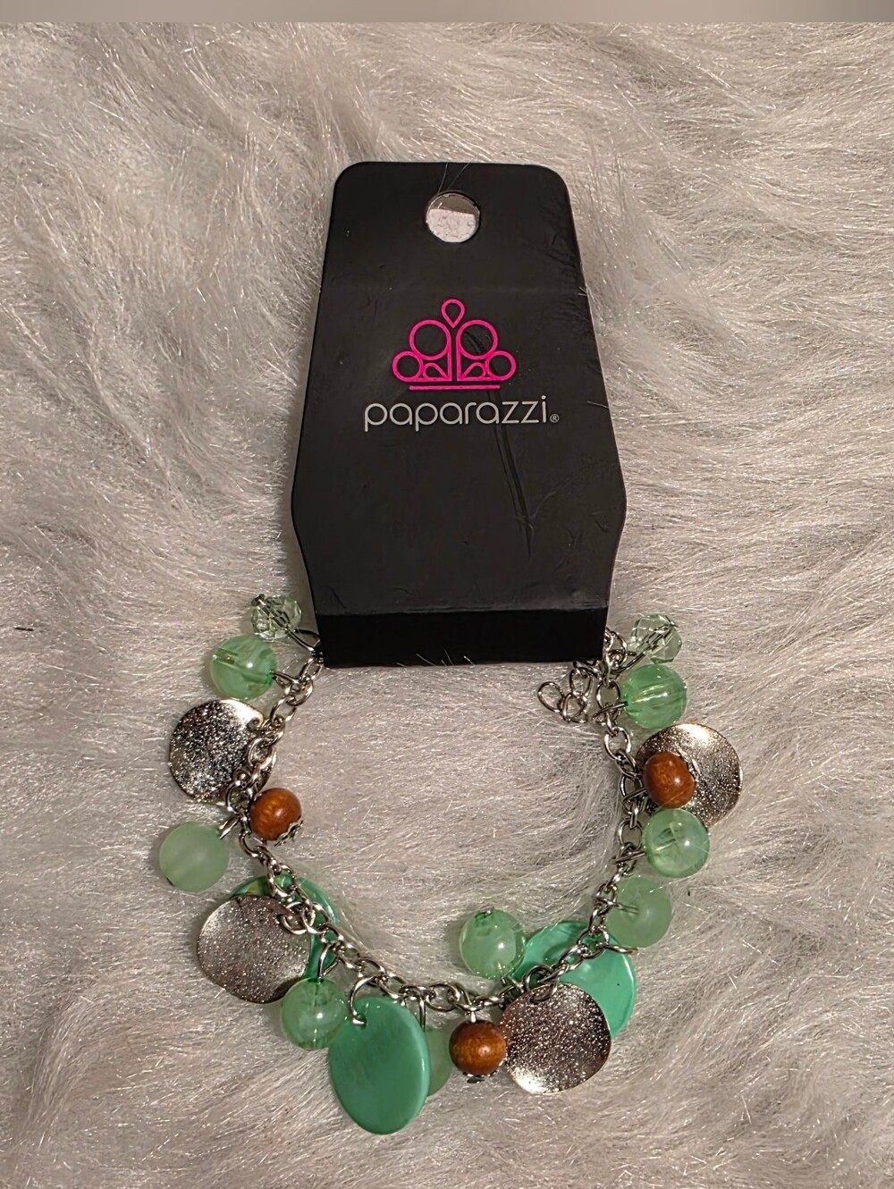 paparazzi Mint Green and Silver Charm Bracelet with Brown Accents